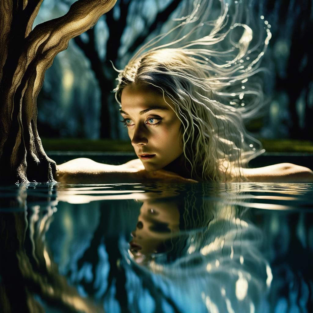 Fairy Gazing into Pool in Surrealist Style
