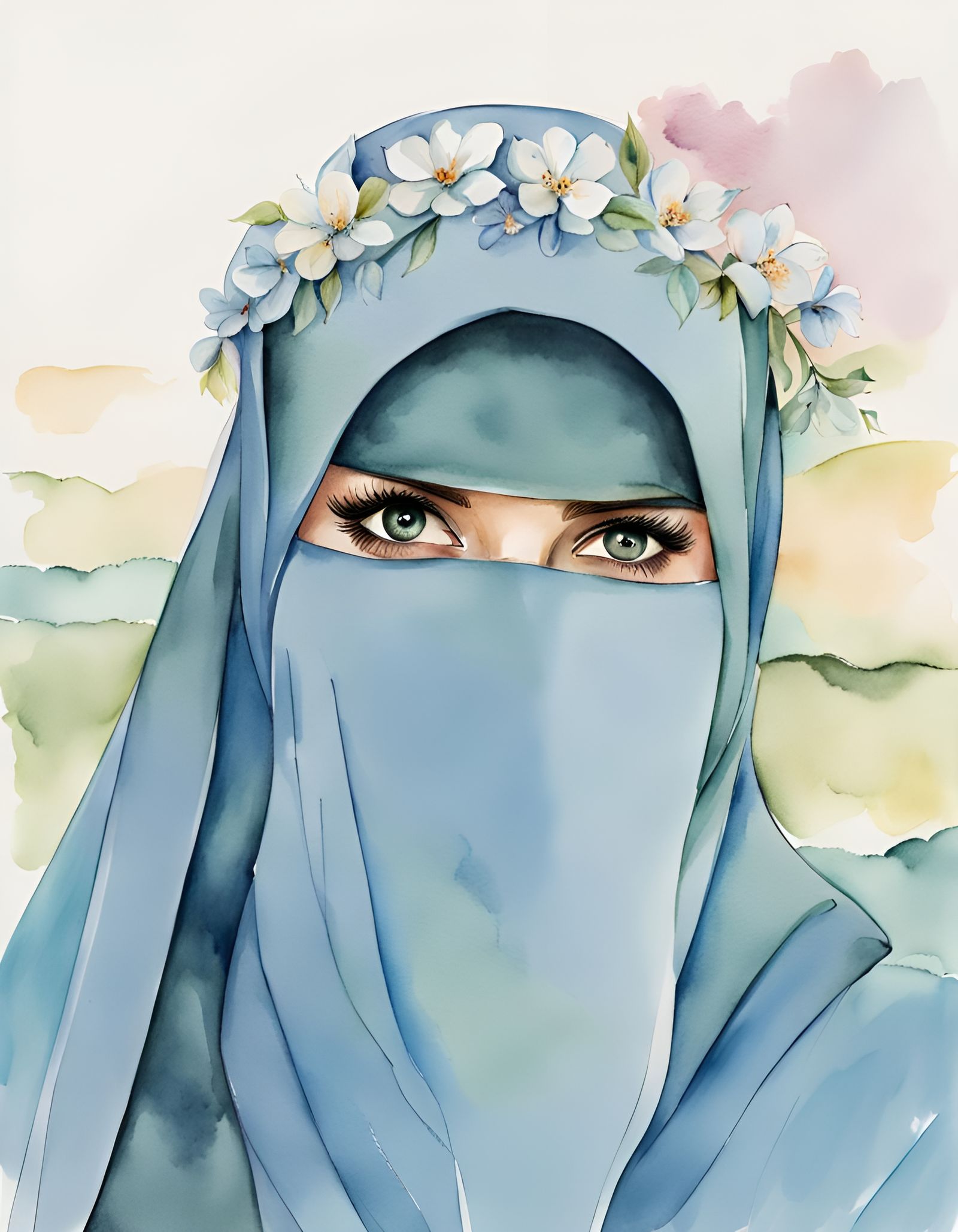 Beautiful Young Woman in Niqab: Watercolor Ink Drawing