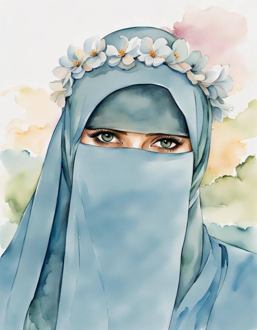Beautiful Woman in Niqab: Watercolor and Ink Drawing