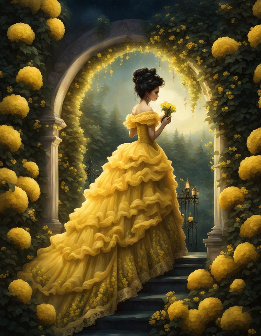 A Victorian young woman with long dark curly hair in an elab...