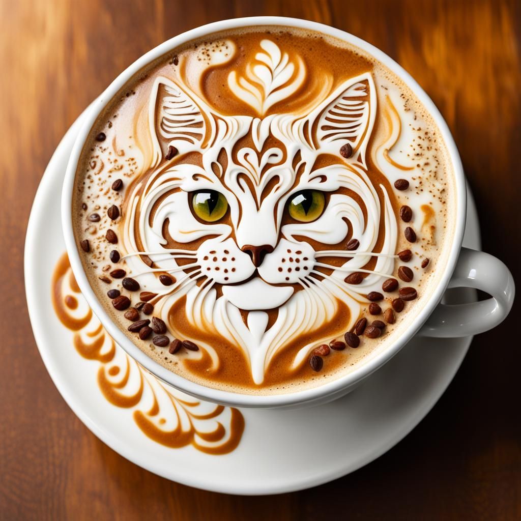 Gourmet Latte with Ornate Cup and Cat Art