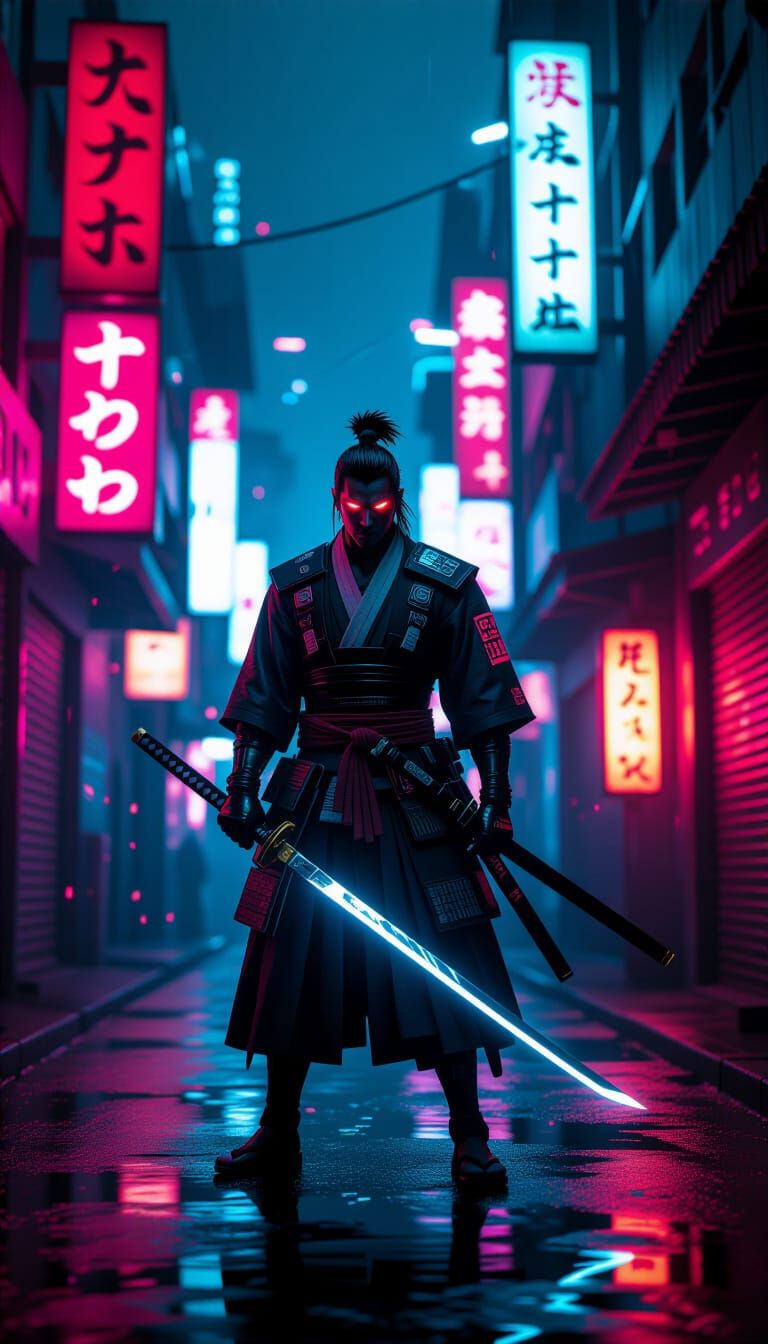 Cyberpunk Samurai in Neon Alleyway