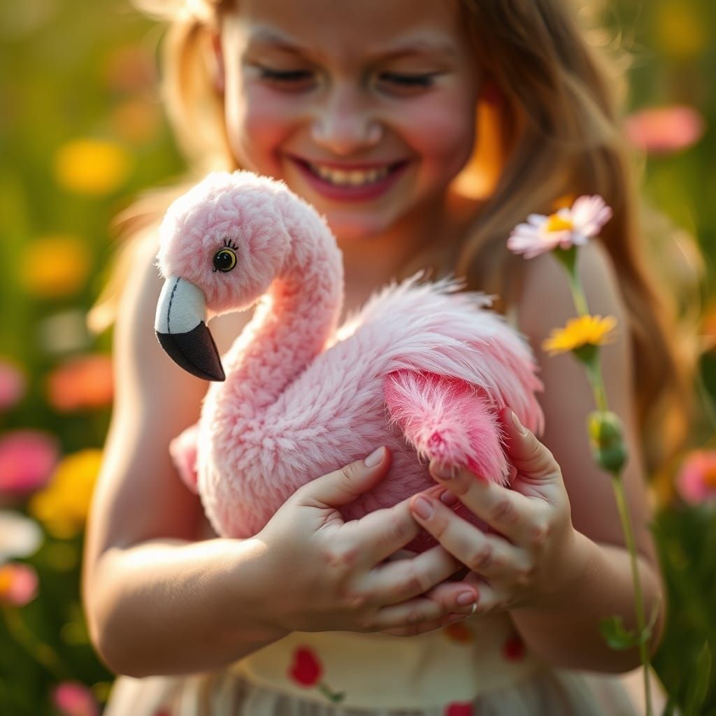 Flamingo Plush Toy in Girl's Arms: Soft Pastel Photo