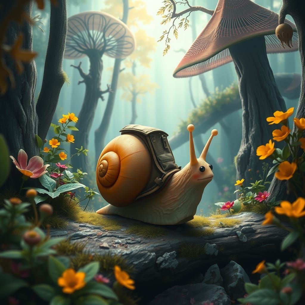 Snail Explorer in Mystical Forest, Fantasy Art