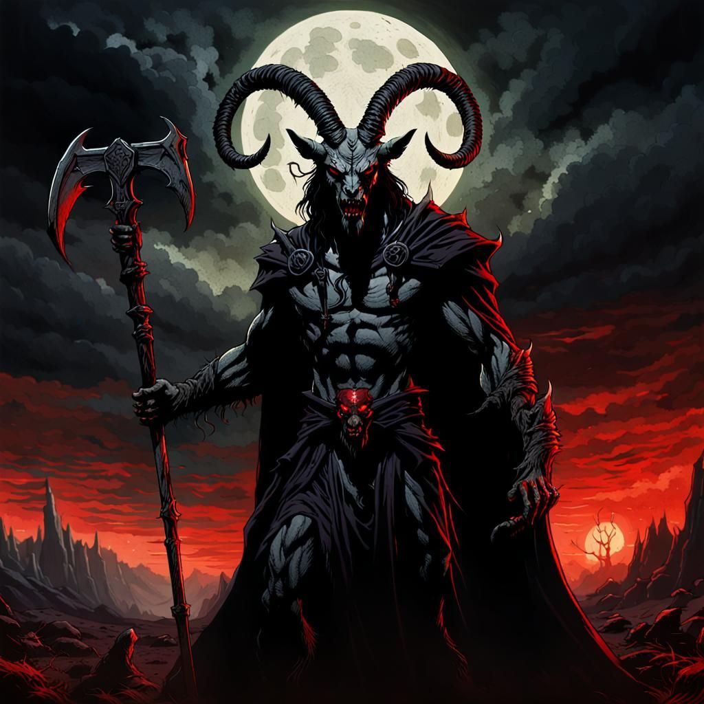 Baphomet in Hellish Landscape, Dark Fantasy Illustration