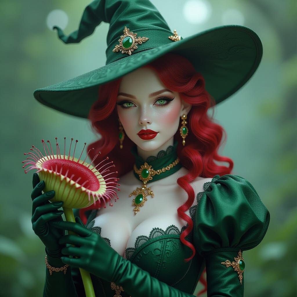 Femme Fatale Witch in Baroque Attire with Venus Flytrap