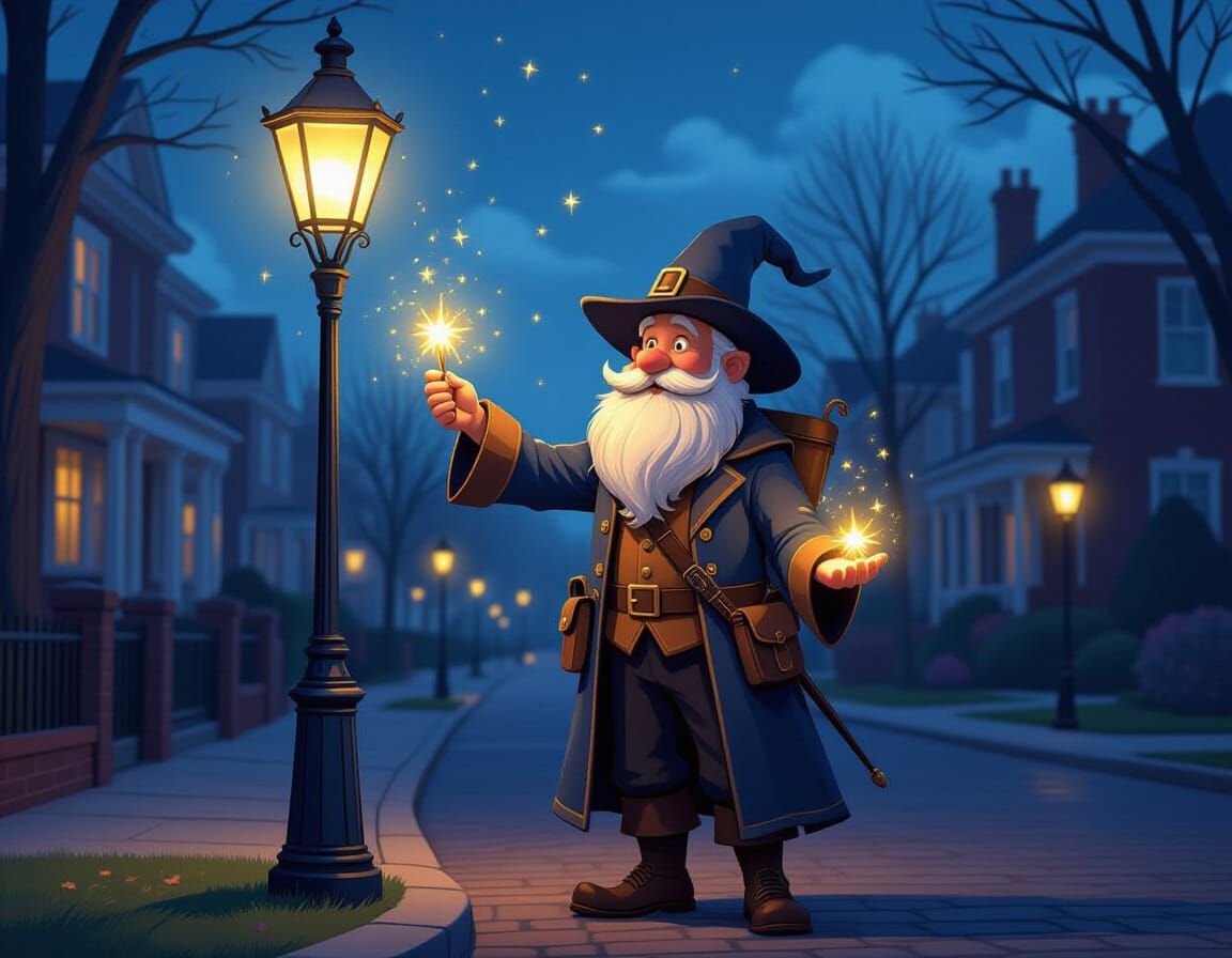 Magical Lamplighter Illuminates Modern Neighborhood with Mag...