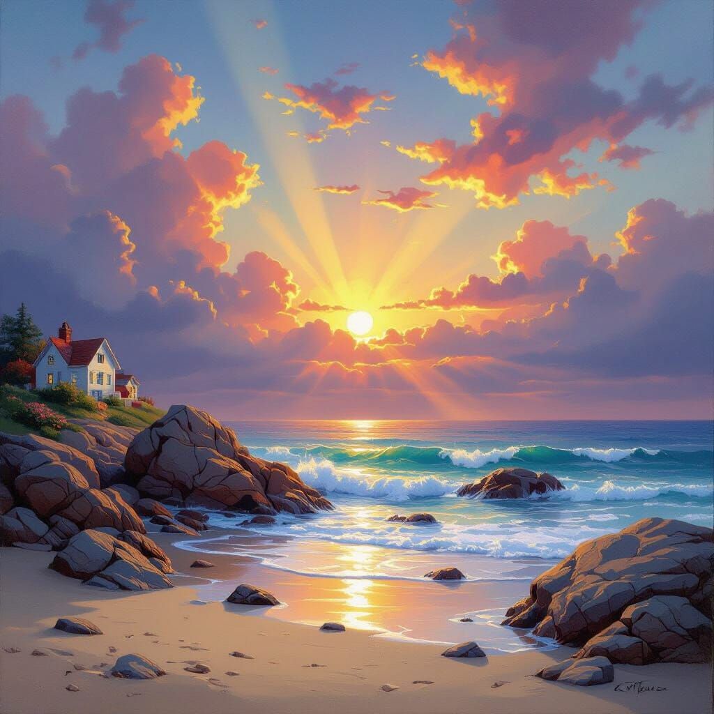 Vibrant Sunrise Seascape Oil Painting with Dramatic Rays