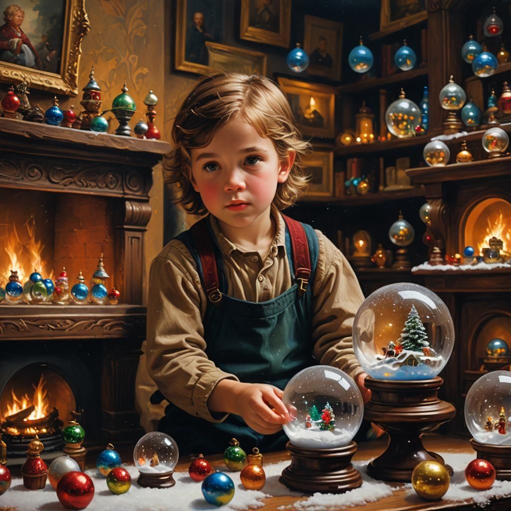 Enchanted Child Collecting Snow Globes: Oil Painting