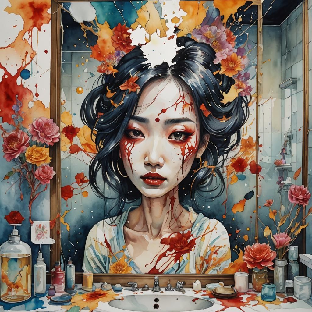 woman looking into a broken mirror, inside the mirror her re...