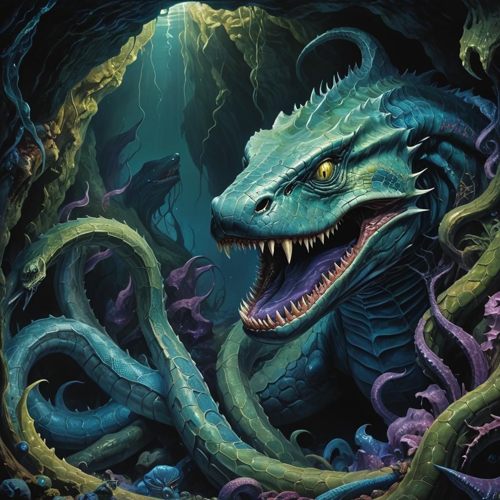 Underwater Snake-Shark Creature in Dark Fantasy Style