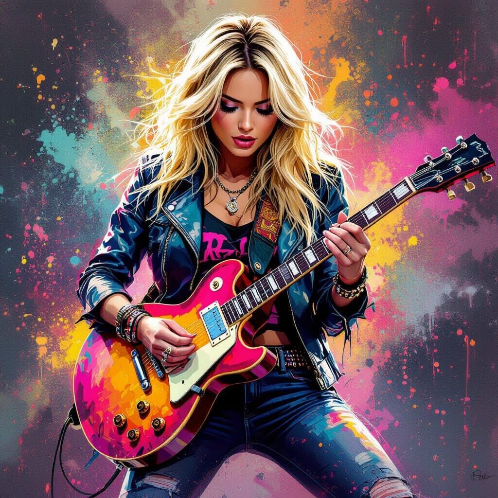 Blonde Rock Girl Shreds Electric Guitar in Mixed-Media Art