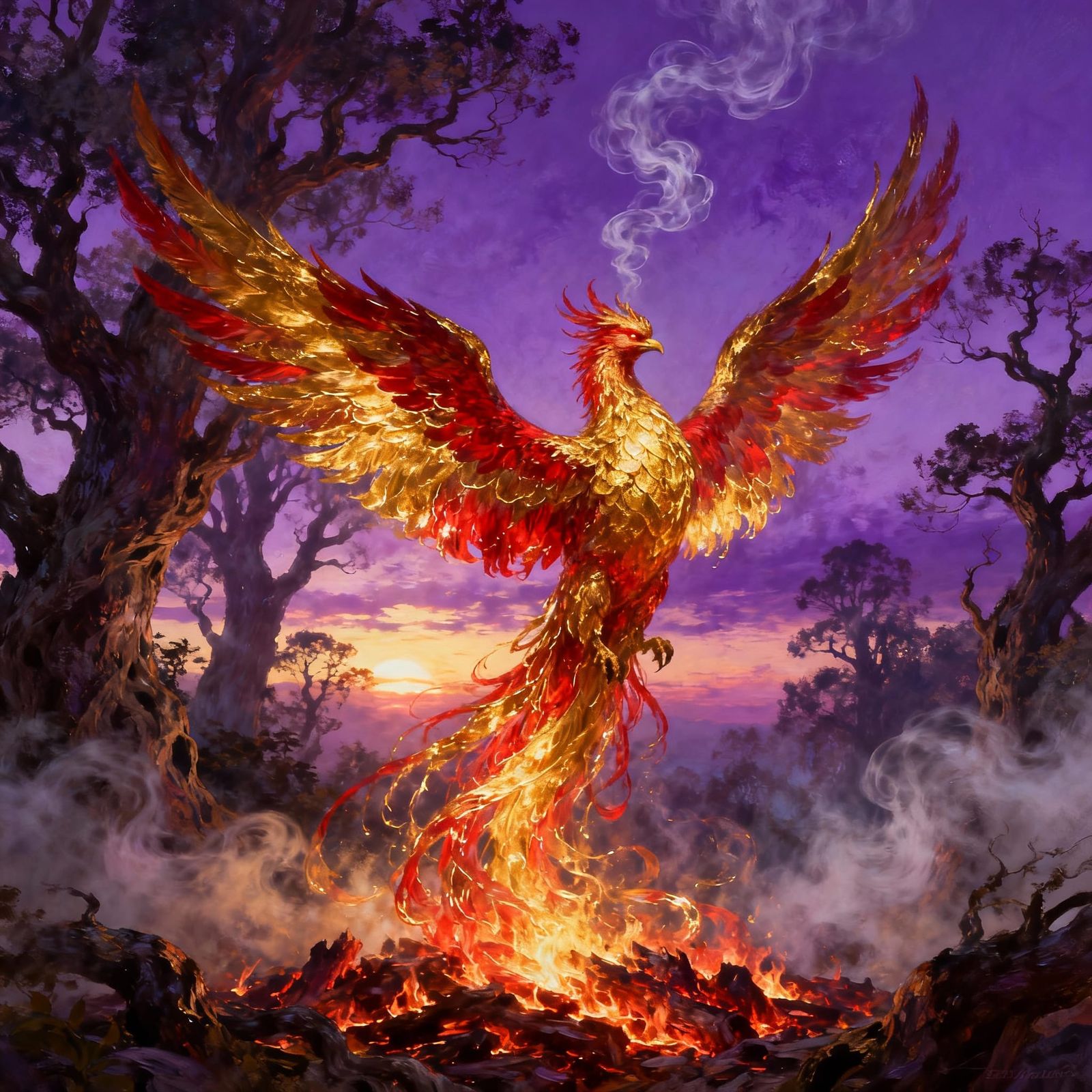Majestic Phoenix Rises from Embers in Fantasy Art Style