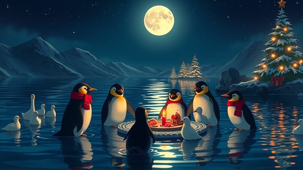 Merry Winter Wonderland Scene under Full Moon