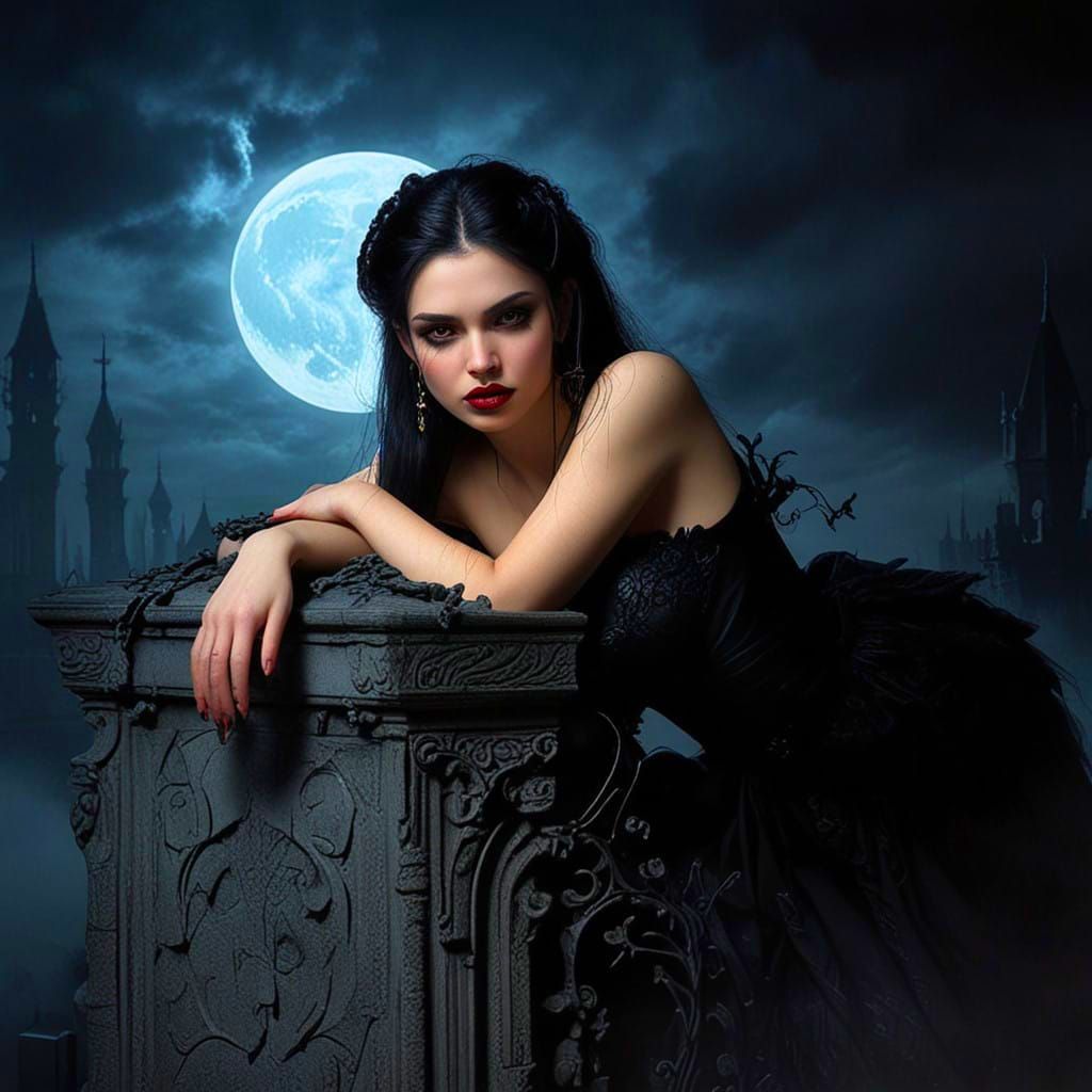 Ethereal Vampire Goddess Emerging from Dark Tombstone