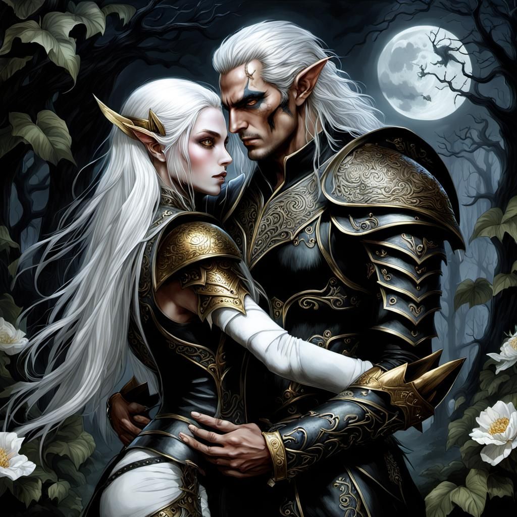 Elven Warriors Embrace in Digital Baroque Forest
