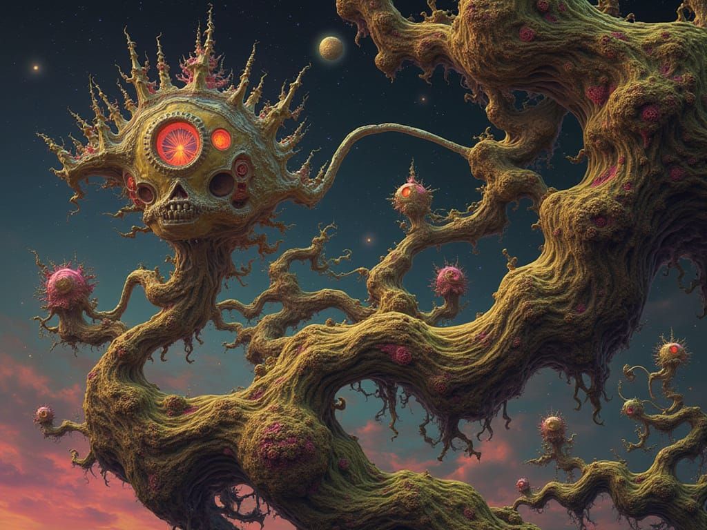 Surreal Fractal Landscape with Neon Futuristic Elements