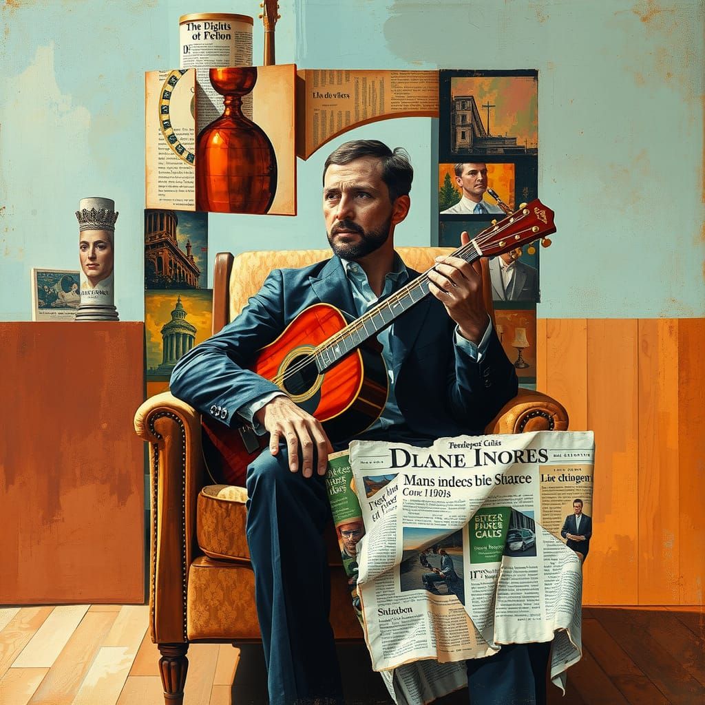 Cubist Man in Armchair with Geometric Shapes