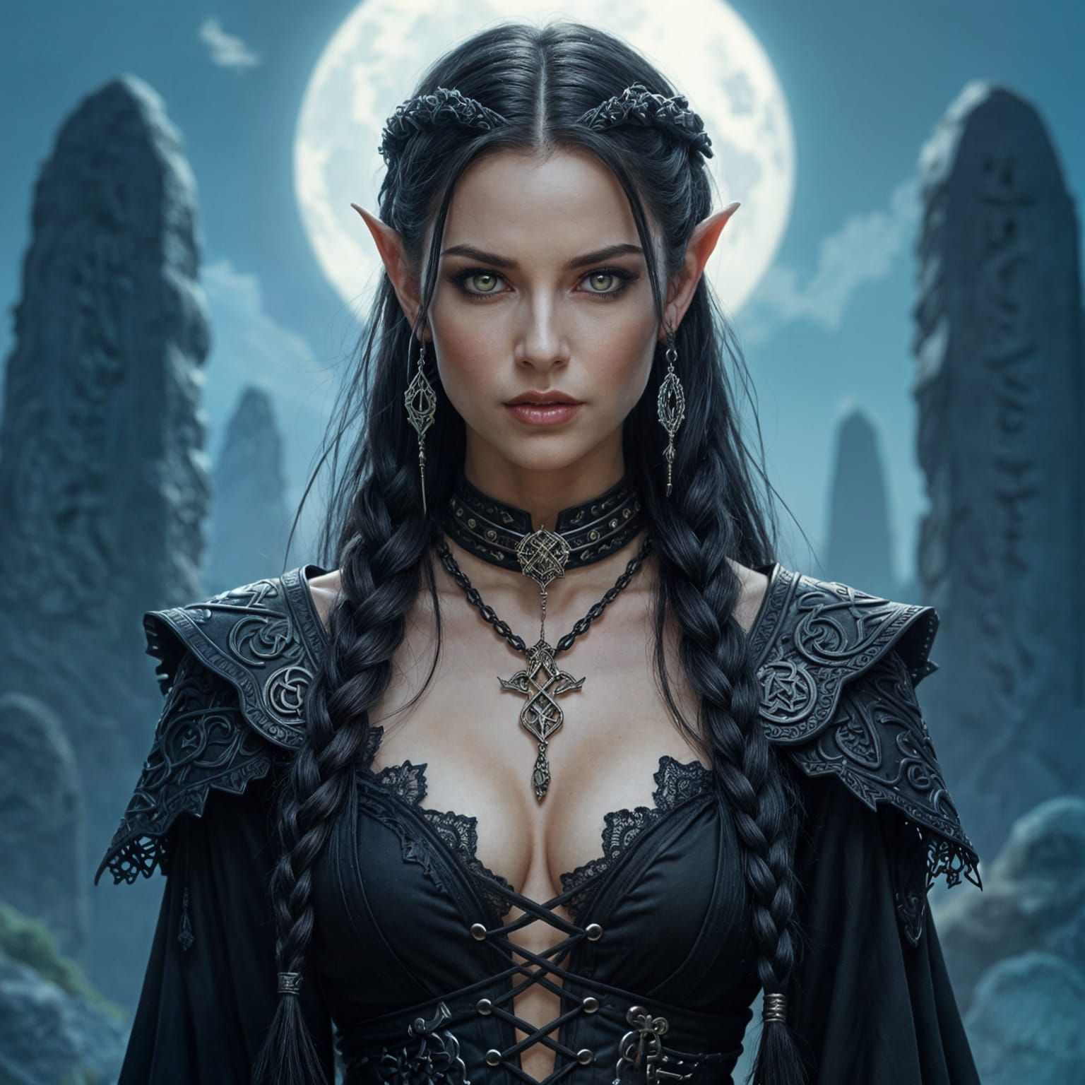 Gothic Elf Warrior with Viking Adornments in Moonlit Forest