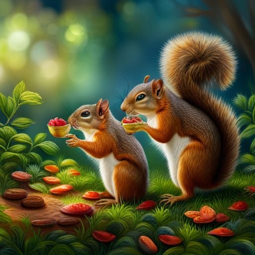 Hyperrealistic Squirrels Feast in a Colorful Garden