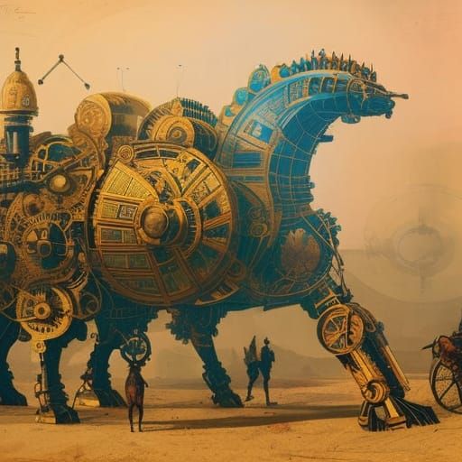 Steampunk Trojan Horse Schematic: Oil Blueprint Illustration