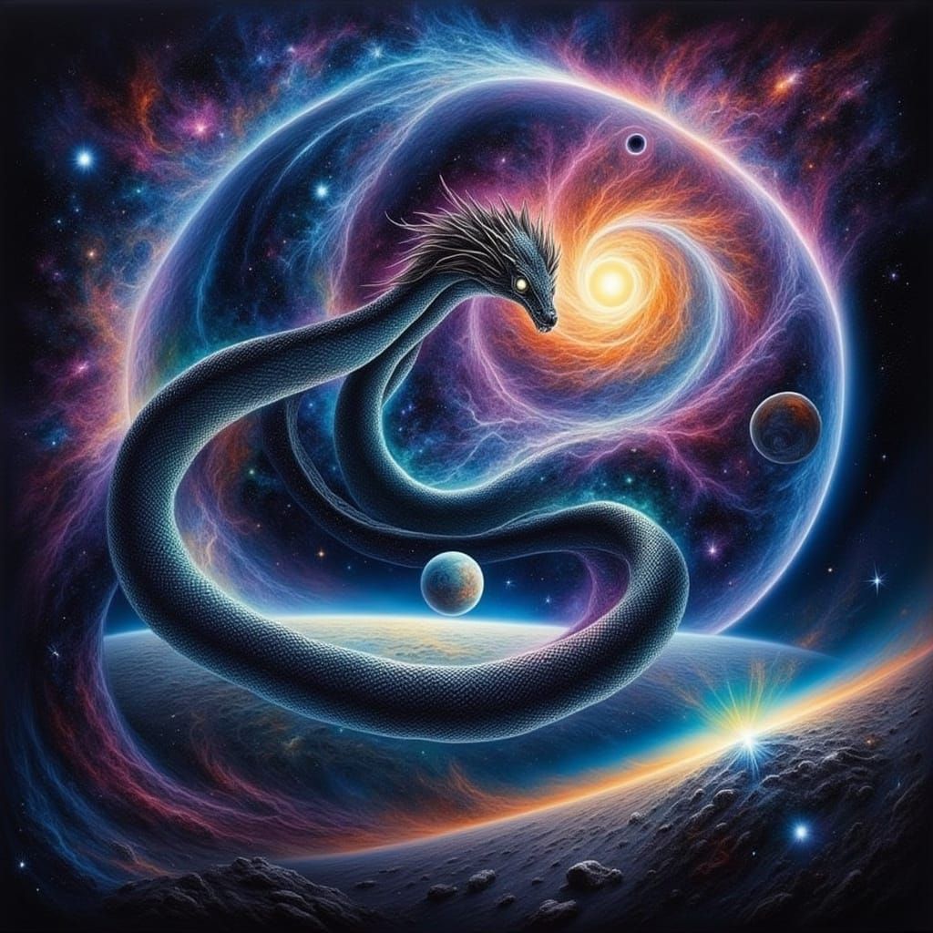 Cosmic Serpent Coiled Around Planet in Deep Space Matte Pain...
