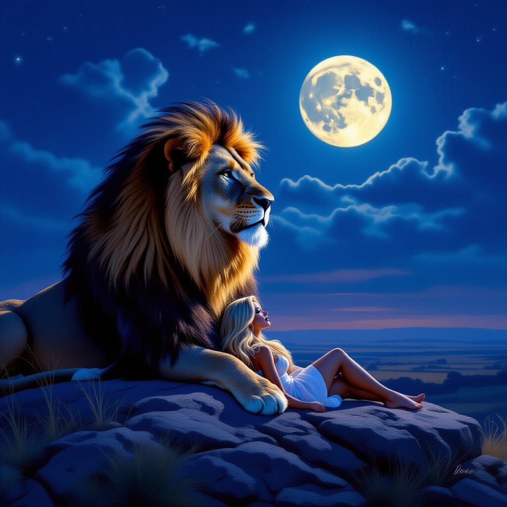 Majestic Lion and Woman on Savanna Under Moonlight