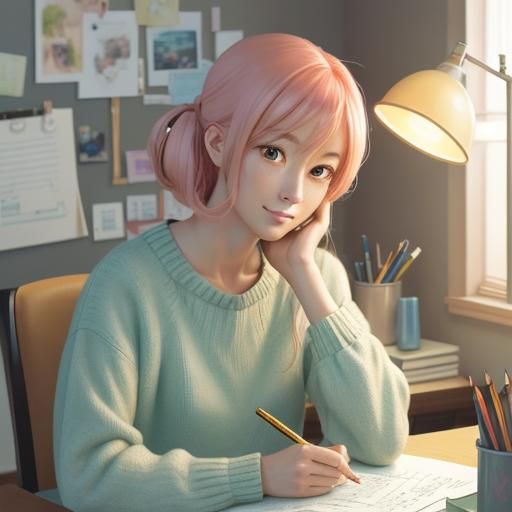 Relaxing Anime Woman at Desk with Soft Lighting