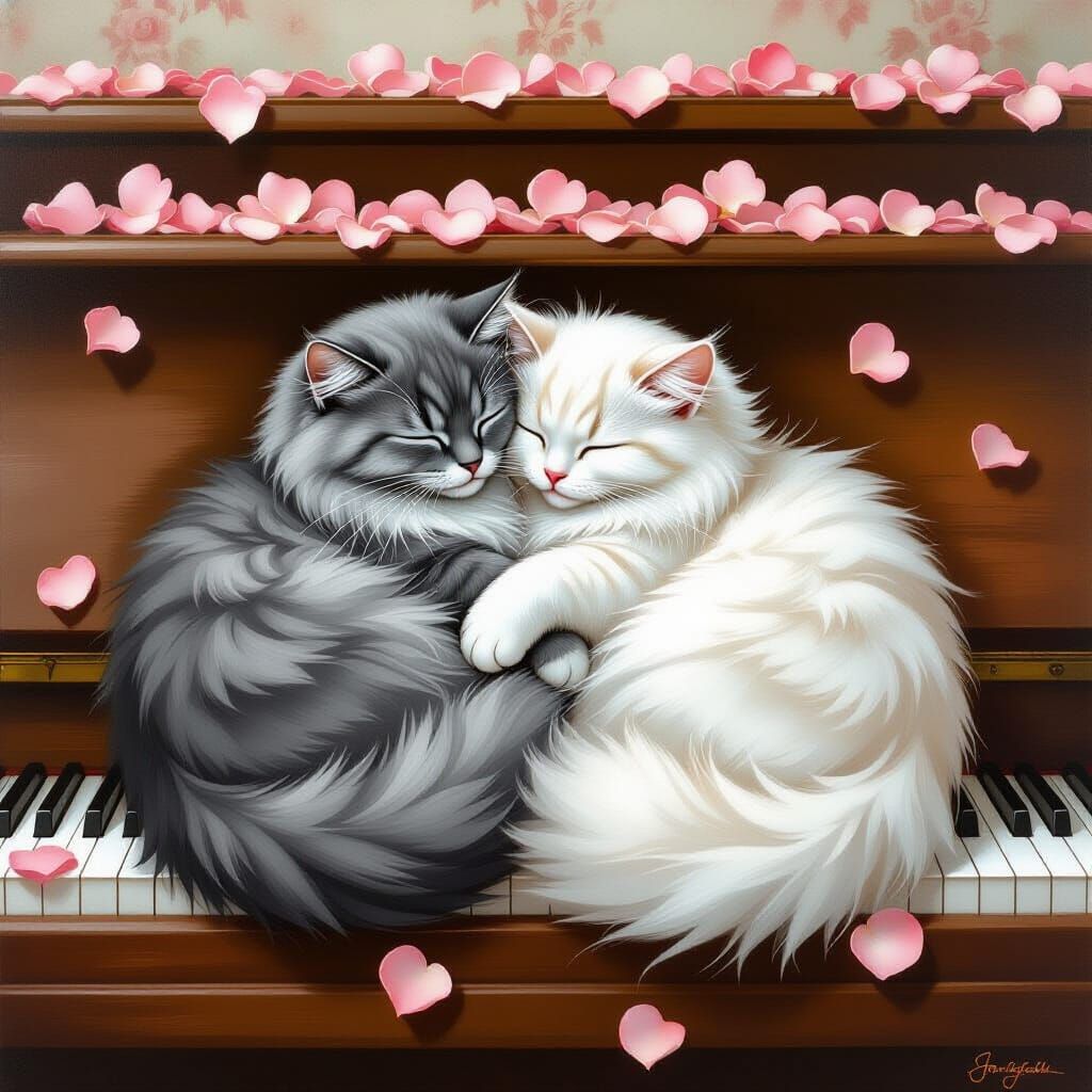 Cats Form Heart on Piano in Whimsical Style