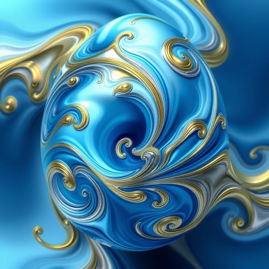 Fractals in Vibrant Swirls of Blue, Silver, and Gold
