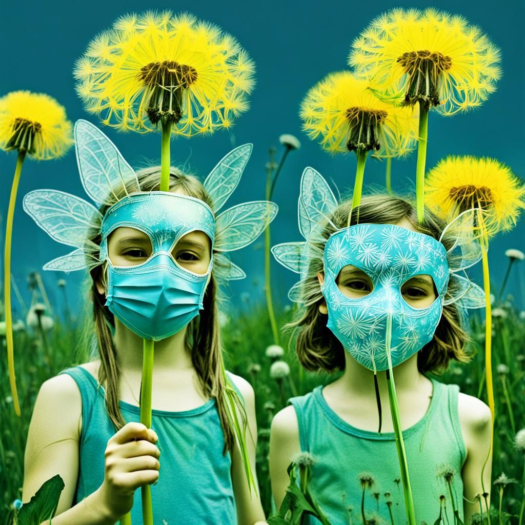 Kids drawing,  dandelion Faires wearing masks,  photogrm ray...