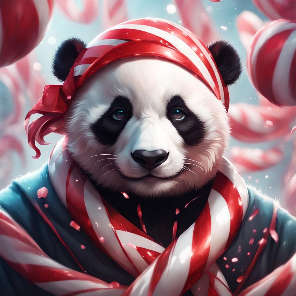 Candy Cane Panda Portrait in Hyperdetailed Style