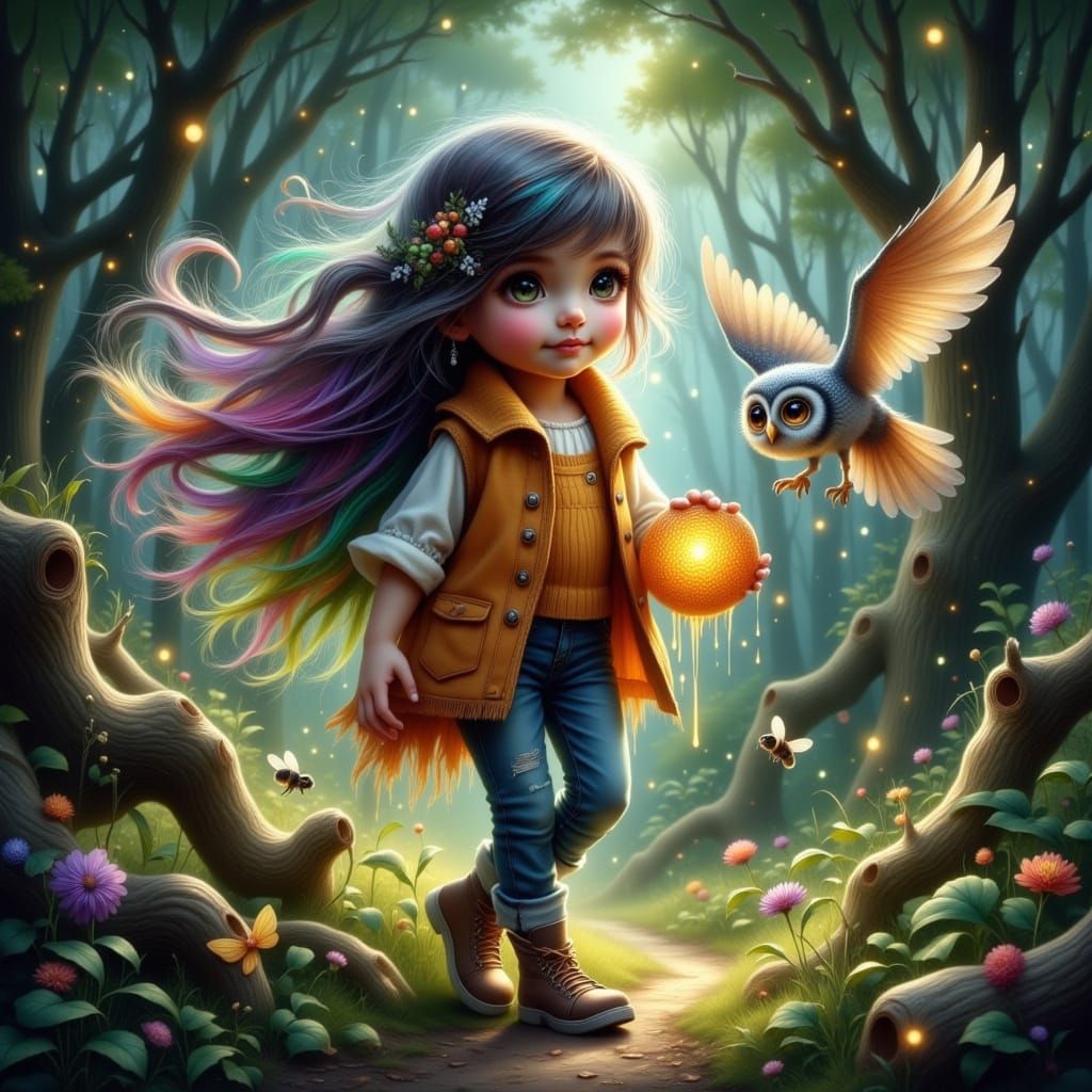 Whimsical Girl Walks Through Enchanted Forest with Biolumine...