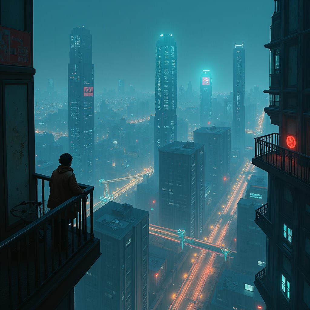 Rainy Night in Neo-Tokyo: Cyberpunk Balcony View