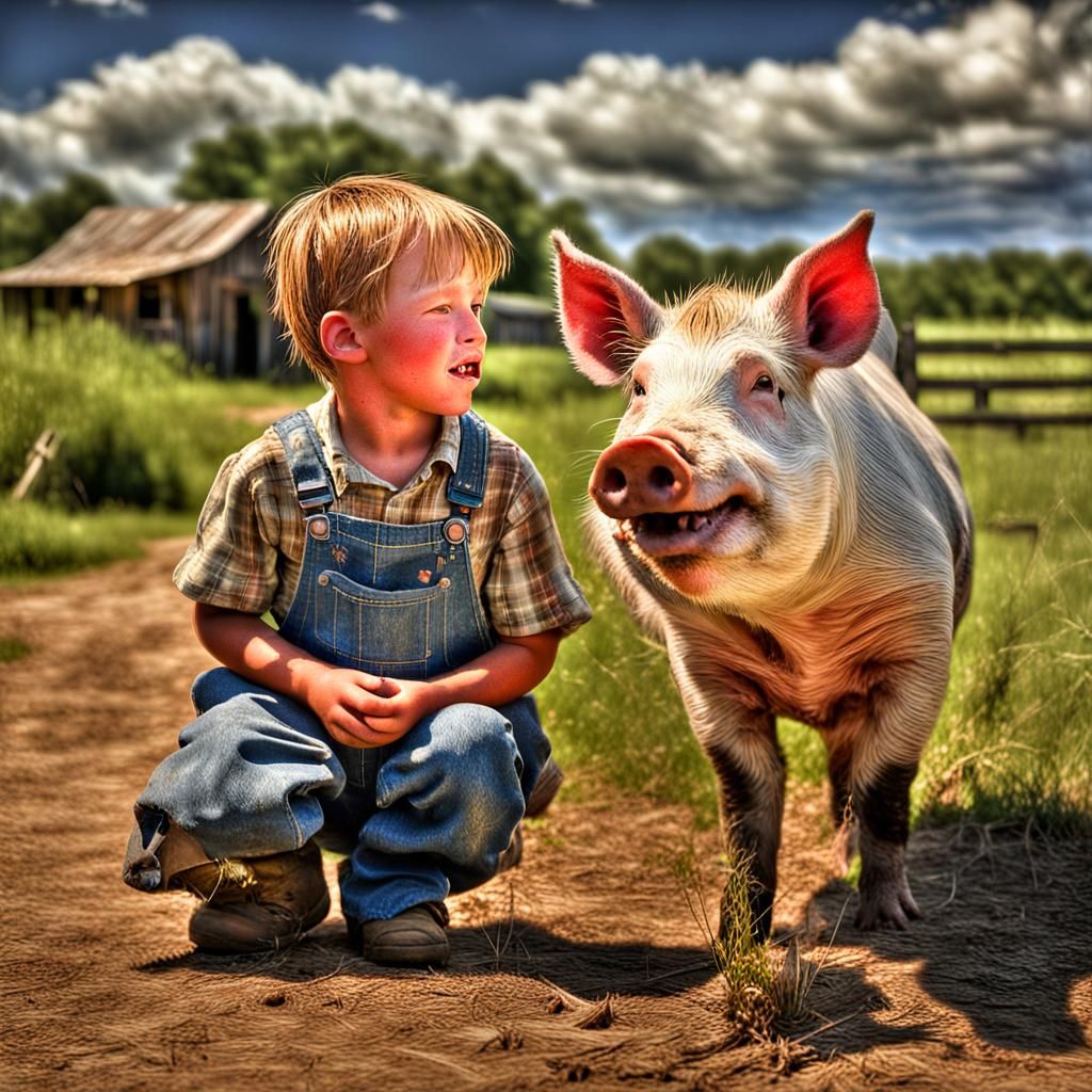 Hillbilly Boy and Hog in Ozarks: Hyperrealistic Image
