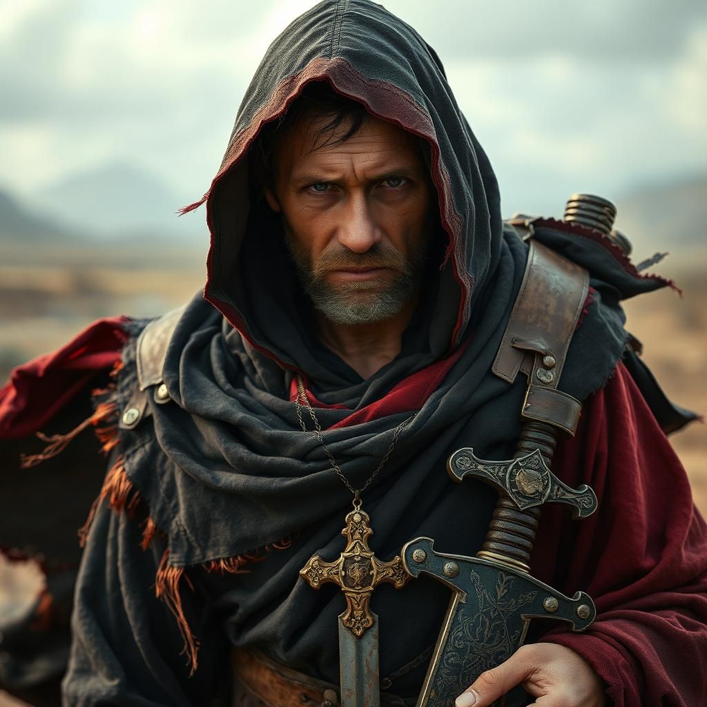 War-Torn Monk in Desolate Landscape, Baroque Style