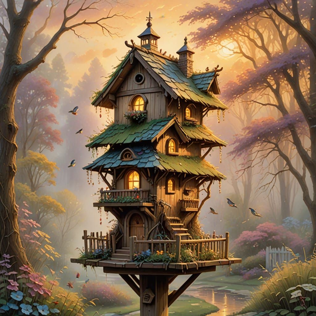 Enchanting Birdhouse on Barber Pole in Dreamy Gouache