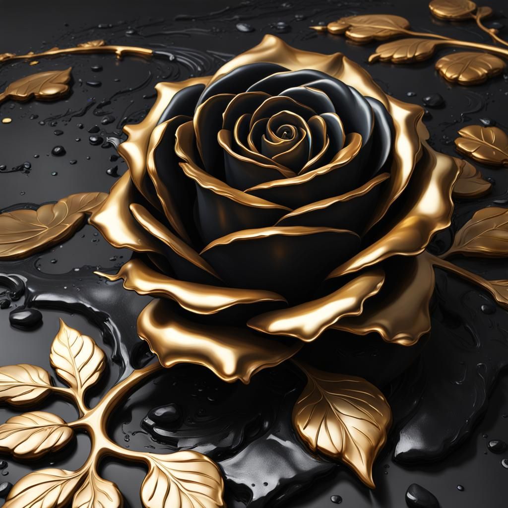 Black Rose with Gold Drips: Oil Painting Style