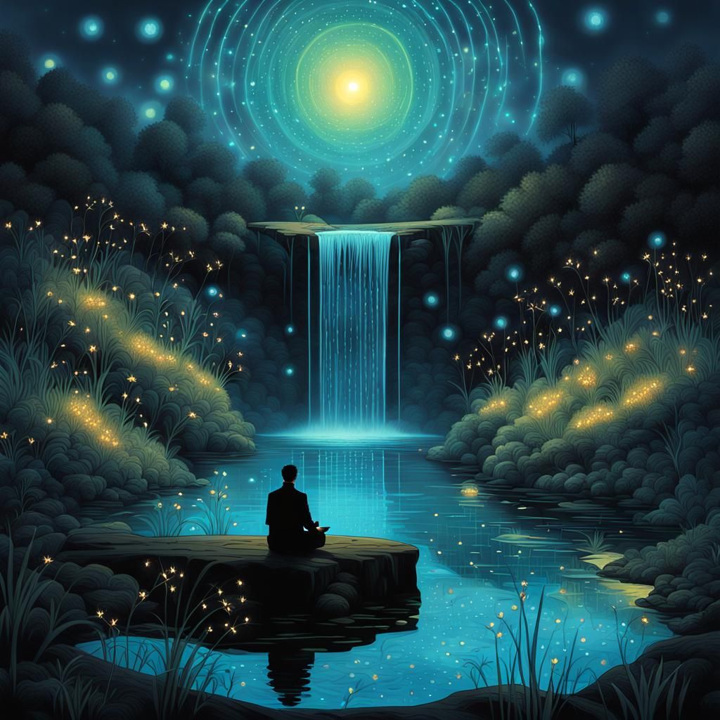 Picture a surreal scene where a man meditates at the tip of ...