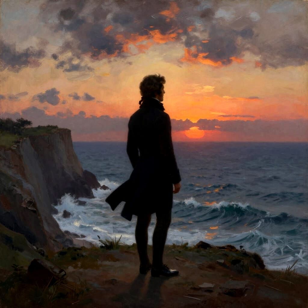 Regency Gentleman Contemplates Sunset Over Turbulent Sea