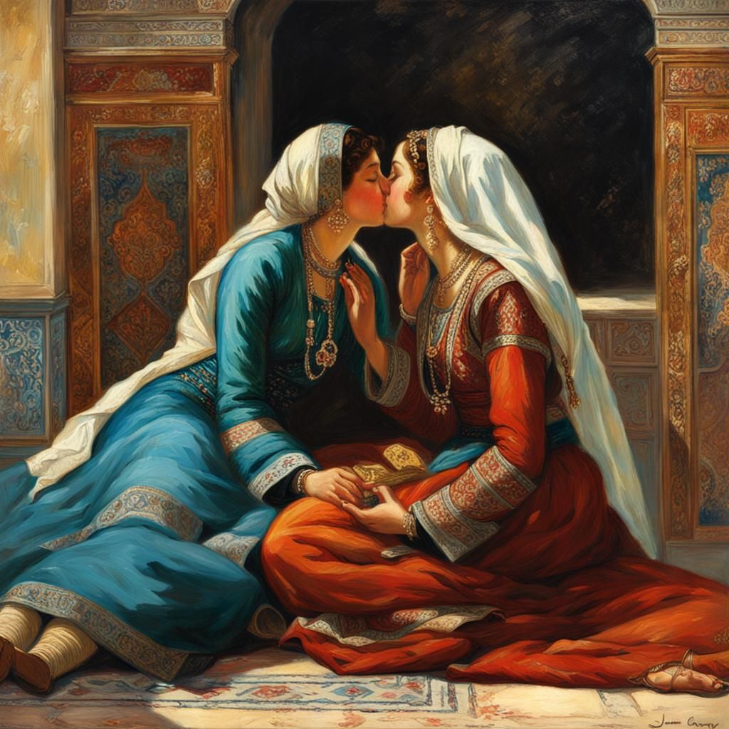 Two Ottoman Women Kissing in Oil Painting Style