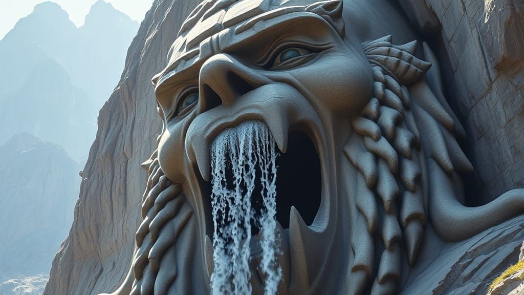 Enormous Stone Head Mountain Carving with Waterfall