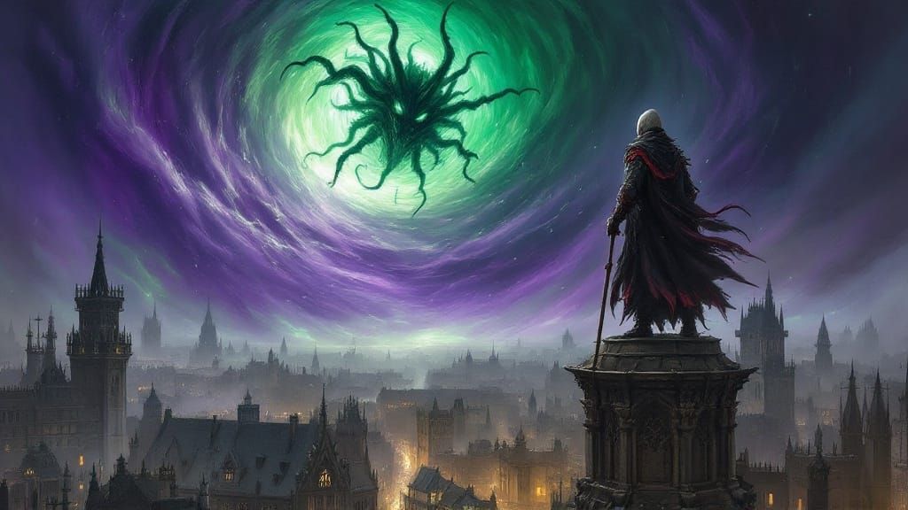 Hobgoblin Warlock Observes Eldritch Horror in Gothic City