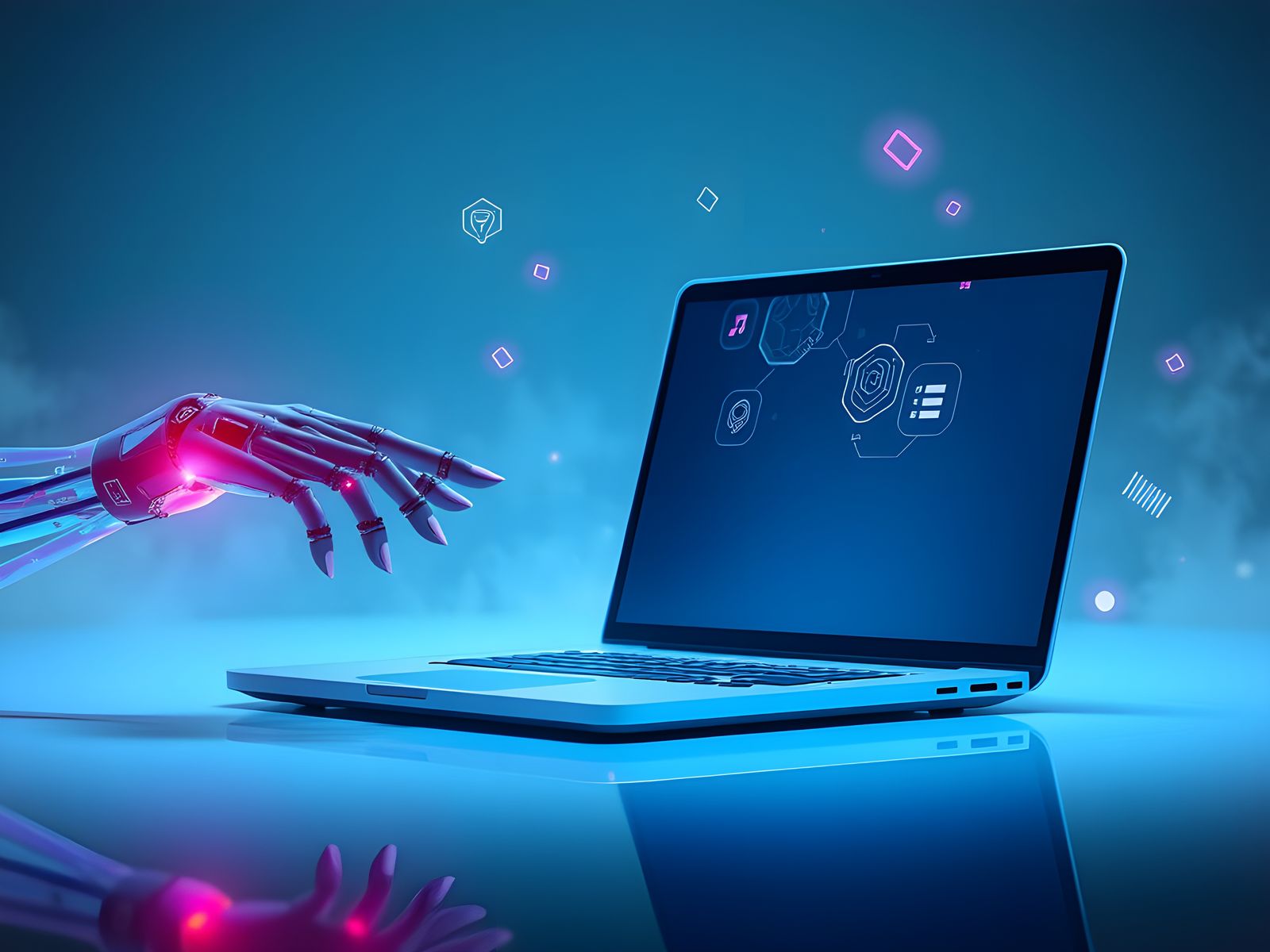 Robotic Hand Meets Futuristic Laptop in Cyberpunk Ambiance