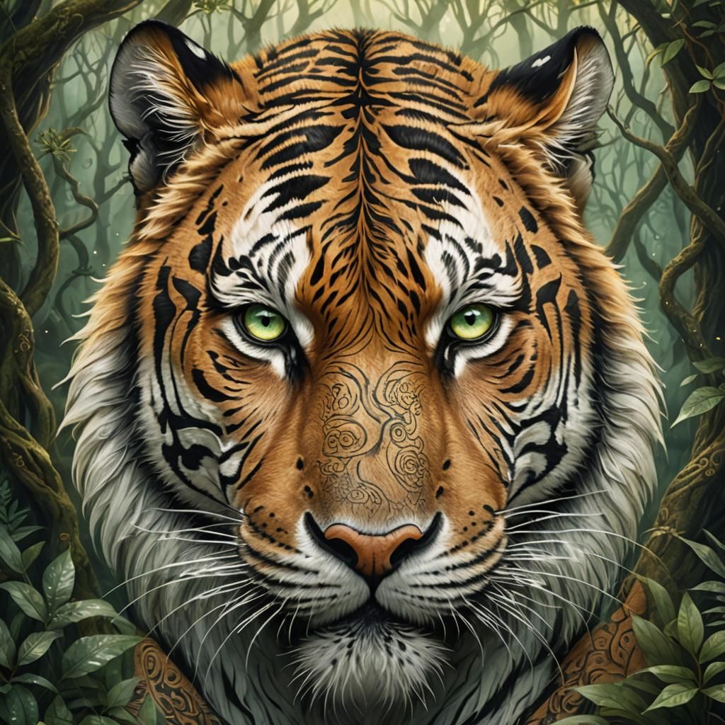 Celtic Tiger Portrait in Mystical Forest