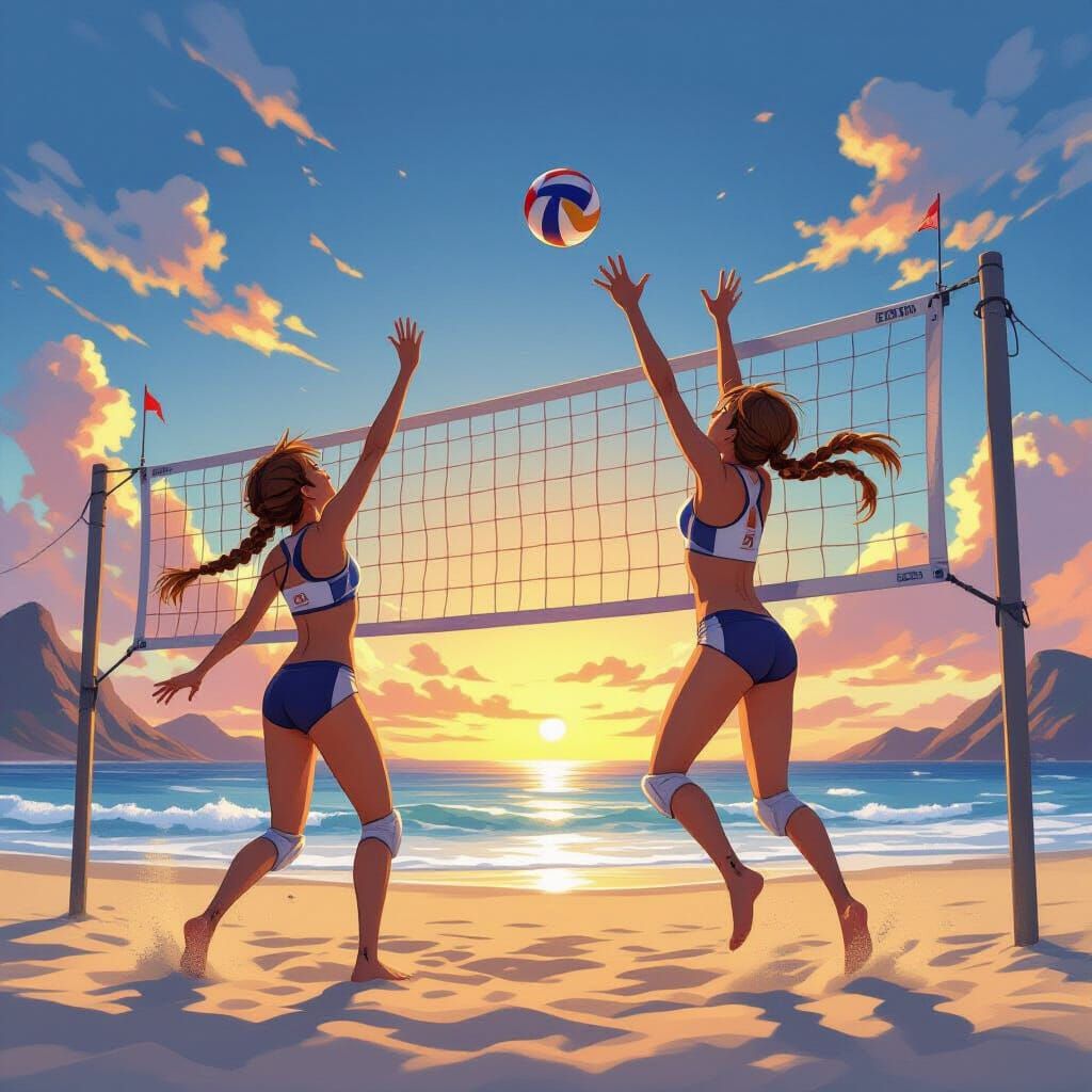 Anime Beach Volleyball Player Smashing Ball at Sunset