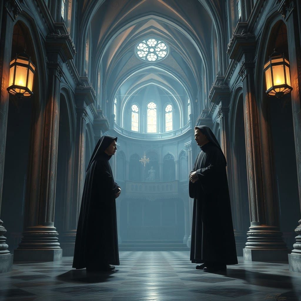 Calm Benedectine Monks in Serene Cathedral Lighting