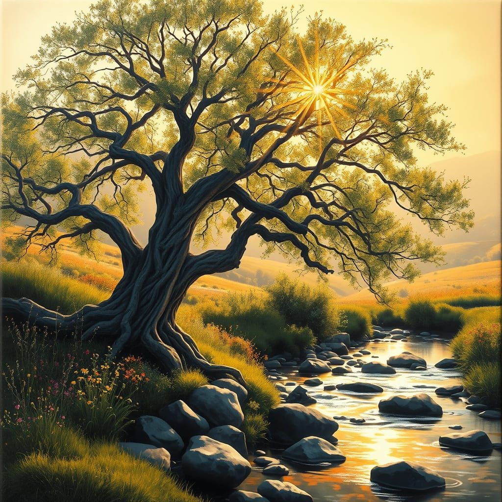 Ancient Tree at Sunset: Oil Painting on Canvas