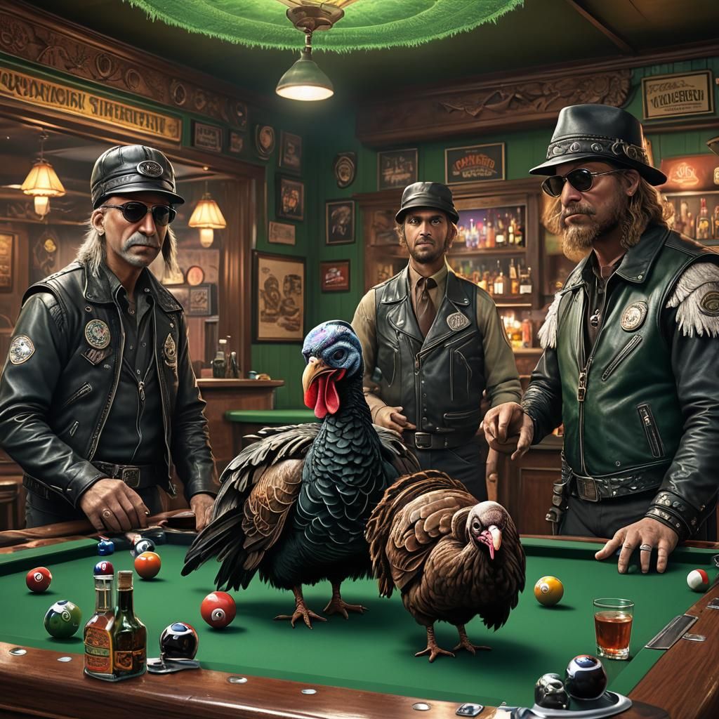 Biker Turkeys Playing Pool: Vibrant Digital Art