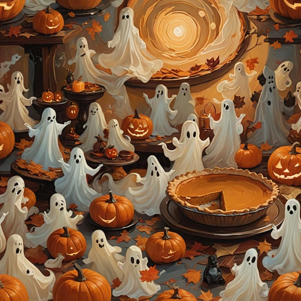Autumnal Pumpkin Pie Still Life with Ghosts